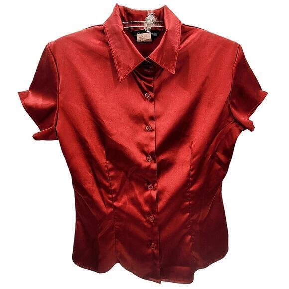 Jonathan Martin Red Shiny Stretch Button Up Vintage Short‎ Sleeve Blouse Top - Picture 1 of 12